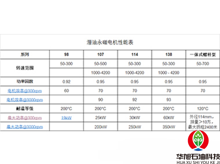 潛油永磁電機性能表